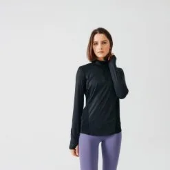 Kalenji Camiseta Running Dry+ Mujer Negro Manga Larga 1/2 Cremallera - Ideal para Caminar